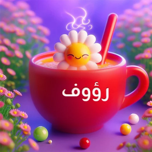 صورة لكوب شاي أو قهوة أحمر دافئ يحمل اسم رؤوف، تطفو فوقه وردة مبتسمة ثلاثية الأبعاد، محاطة بزهور الربيع البنفسجية المتفتحة وحبات حلوى ملونة. تصميم جذاب لصور صباح الخير، بطاقات معايدة، وخلفيات هواتف باسم رؤوف.