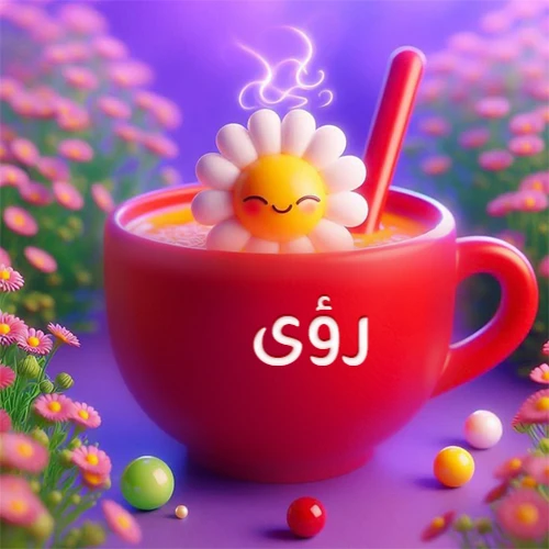 صورة لكوب شاي أو قهوة أحمر دافئ يحمل اسم رؤى، تطفو فوقه وردة مبتسمة ثلاثية الأبعاد، محاطة بزهور الربيع البنفسجية المتفتحة وحبات حلوى ملونة. تصميم جذاب لصور صباح الخير، بطاقات معايدة، وخلفيات هواتف باسم رؤى.