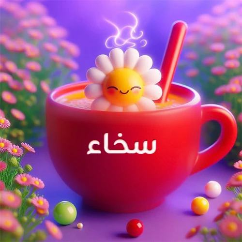 صورة لكوب شاي أو قهوة أحمر دافئ يحمل اسم سخاء، تطفو فوقه وردة مبتسمة ثلاثية الأبعاد، محاطة بزهور الربيع البنفسجية المتفتحة وحبات حلوى ملونة. تصميم جذاب لصور صباح الخير، بطاقات معايدة، وخلفيات هواتف باسم سخاء.
