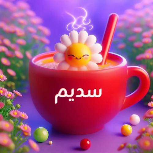 صورة لكوب شاي أو قهوة أحمر دافئ يحمل اسم سديم، تطفو فوقه وردة مبتسمة ثلاثية الأبعاد، محاطة بزهور الربيع البنفسجية المتفتحة وحبات حلوى ملونة. تصميم جذاب لصور صباح الخير، بطاقات معايدة، وخلفيات هواتف باسم سديم.