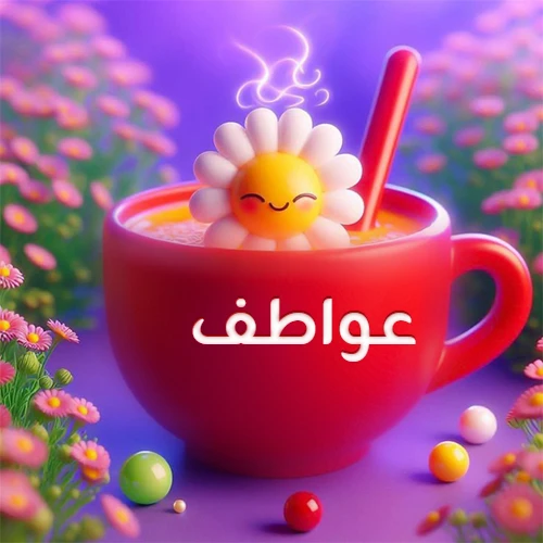 صورة لكوب شاي أو قهوة أحمر دافئ يحمل اسم عواطف، تطفو فوقه وردة مبتسمة ثلاثية الأبعاد، محاطة بزهور الربيع البنفسجية المتفتحة وحبات حلوى ملونة. تصميم جذاب لصور صباح الخير، بطاقات معايدة، وخلفيات هواتف باسم عواطف.