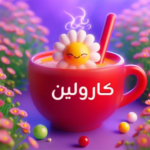 صورة لكوب شاي أو قهوة أحمر دافئ يحمل اسم كارولين، تطفو فوقه وردة مبتسمة ثلاثية الأبعاد، محاطة بزهور الربيع البنفسجية المتفتحة وحبات حلوى ملونة. تصميم جذاب لصور صباح الخير، بطاقات معايدة، وخلفيات هواتف باسم كارولين.