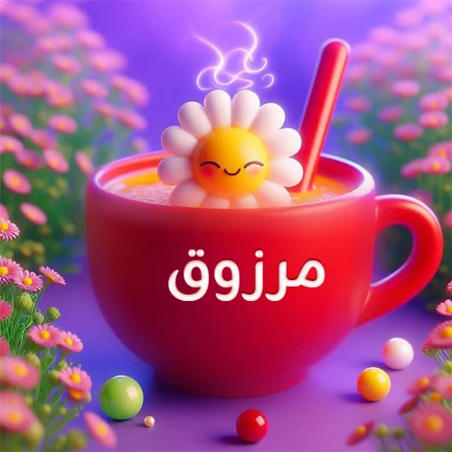 صورة لكوب شاي أو قهوة أحمر دافئ يحمل اسم مرزوق، تطفو فوقه وردة مبتسمة ثلاثية الأبعاد، محاطة بزهور الربيع البنفسجية المتفتحة وحبات حلوى ملونة. تصميم جذاب لصور صباح الخير، بطاقات معايدة، وخلفيات هواتف باسم مرزوق.