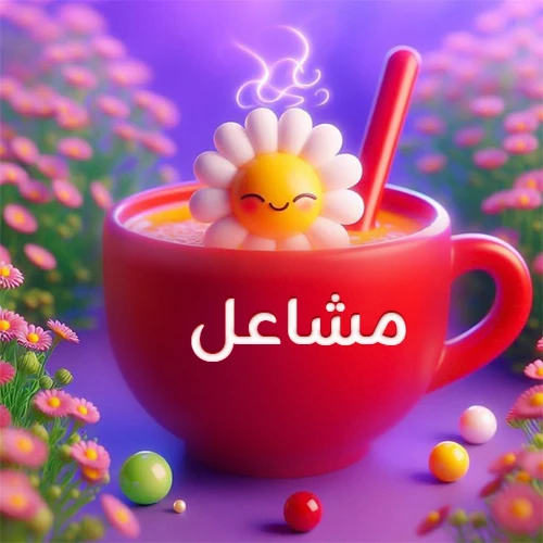صورة لكوب شاي أو قهوة أحمر دافئ يحمل اسم مشاعل، تطفو فوقه وردة مبتسمة ثلاثية الأبعاد، محاطة بزهور الربيع البنفسجية المتفتحة وحبات حلوى ملونة. تصميم جذاب لصور صباح الخير، بطاقات معايدة، وخلفيات هواتف باسم مشاعل.