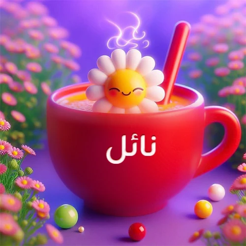 صورة لكوب شاي أو قهوة أحمر دافئ يحمل اسم نائل، تطفو فوقه وردة مبتسمة ثلاثية الأبعاد، محاطة بزهور الربيع البنفسجية المتفتحة وحبات حلوى ملونة. تصميم جذاب لصور صباح الخير، بطاقات معايدة، وخلفيات هواتف باسم نائل.