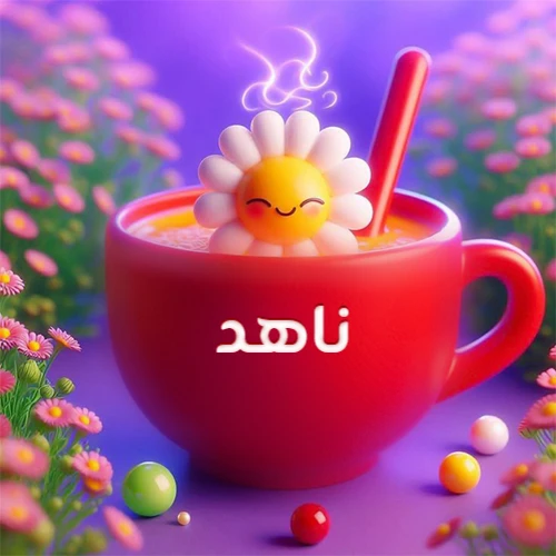 صورة لكوب شاي أو قهوة أحمر دافئ يحمل اسم ناهد، تطفو فوقه وردة مبتسمة ثلاثية الأبعاد، محاطة بزهور الربيع البنفسجية المتفتحة وحبات حلوى ملونة. تصميم جذاب لصور صباح الخير، بطاقات معايدة، وخلفيات هواتف باسم ناهد.