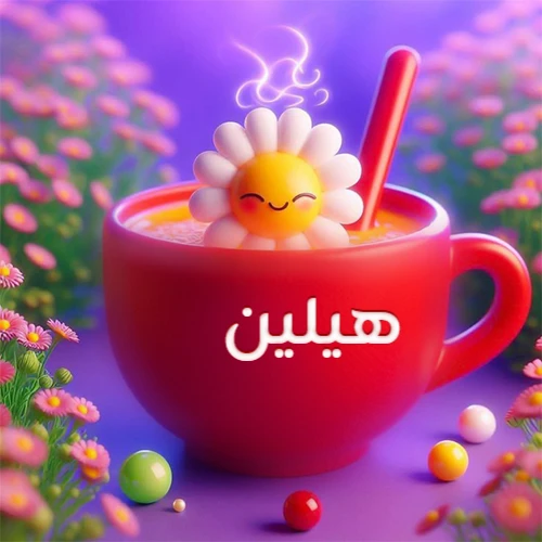 صورة لكوب شاي أو قهوة أحمر دافئ يحمل اسم هيلين، تطفو فوقه وردة مبتسمة ثلاثية الأبعاد، محاطة بزهور الربيع البنفسجية المتفتحة وحبات حلوى ملونة. تصميم جذاب لصور صباح الخير، بطاقات معايدة، وخلفيات هواتف باسم هيلين.