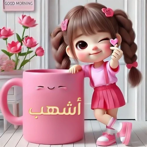صورة صباح الخير باسم أشهب، فتاة كرتونية لطيفة ذات شعر بني مجدول ترتدي فستانًا ورديًا وتغمز، حاملة قلبًا صغيرًا. تقف بجانب فنجان قهوة وردي مبتسم يحمل الاسم مطبوعًا على السطح الأمامي. خلفية بيضاء مع زهور وردية تضفي لمسة من البهجة والإيجابية. رمزيات صباحية مبهجة ومخصصة باسم أشهب.