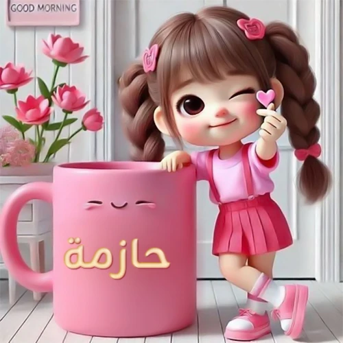 صورة صباح الخير باسم حازمة، فتاة كرتونية لطيفة ذات شعر بني مجدول ترتدي فستانًا ورديًا وتغمز، حاملة قلبًا صغيرًا. تقف بجانب فنجان قهوة وردي مبتسم يحمل الاسم مطبوعًا على السطح الأمامي. خلفية بيضاء مع زهور وردية تضفي لمسة من البهجة والإيجابية. رمزيات صباحية مبهجة ومخصصة باسم حازمة.