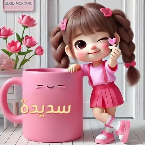صورة صباح الخير باسم سديدة، فتاة كرتونية لطيفة ذات شعر بني مجدول ترتدي فستانًا ورديًا وتغمز، حاملة قلبًا صغيرًا. تقف بجانب فنجان قهوة وردي مبتسم يحمل الاسم مطبوعًا على السطح الأمامي. خلفية بيضاء مع زهور وردية تضفي لمسة من البهجة والإيجابية. رمزيات صباحية مبهجة ومخصصة باسم سديدة.