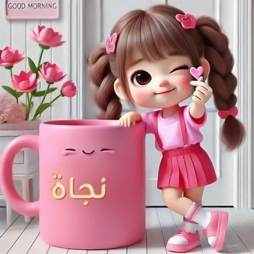 صورة صباح الخير باسم نجاة، فتاة كرتونية لطيفة ذات شعر بني مجدول ترتدي فستانًا ورديًا وتغمز، حاملة قلبًا صغيرًا. تقف بجانب فنجان قهوة وردي مبتسم يحمل الاسم مطبوعًا على السطح الأمامي. خلفية بيضاء مع زهور وردية تضفي لمسة من البهجة والإيجابية. رمزيات صباحية مبهجة ومخصصة باسم نجاة.