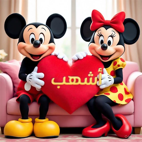 صورة عالية الجودة لميكي ماوس وميني ماوس يجلسان على أريكة وردية، يحملان معاً وسادة على شكل قلب أحمر كبير، عليها اسم أشهب مكتوب بخط ذهبي لامع. تجسد الصورة أجمل صور الحب والصداقة لـ أشهب، وتعتبر خلفية رومانسية ومناسبة للتهنئة.