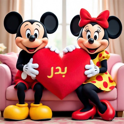 صورة عالية الجودة لميكي ماوس وميني ماوس يجلسان على أريكة وردية، يحملان معاً وسادة على شكل قلب أحمر كبير، عليها اسم بدر مكتوب بخط ذهبي لامع. تجسد الصورة أجمل صور الحب والصداقة لـ بدر، وتعتبر خلفية رومانسية ومناسبة للتهنئة.