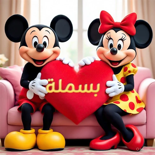صورة عالية الجودة لميكي ماوس وميني ماوس يجلسان على أريكة وردية، يحملان معاً وسادة على شكل قلب أحمر كبير، عليها اسم بسملة مكتوب بخط ذهبي لامع. تجسد الصورة أجمل صور الحب والصداقة لـ بسملة، وتعتبر خلفية رومانسية ومناسبة للتهنئة.