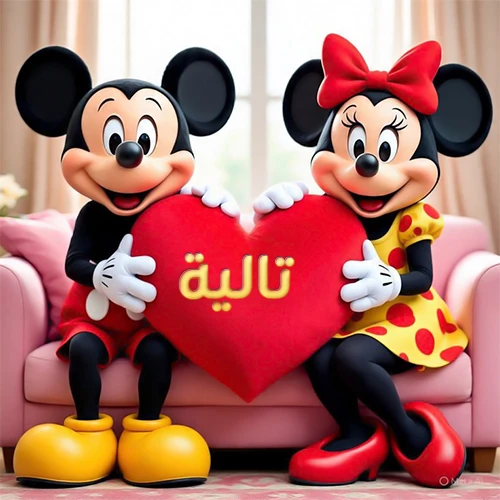 صورة عالية الجودة لميكي ماوس وميني ماوس يجلسان على أريكة وردية، يحملان معاً وسادة على شكل قلب أحمر كبير، عليها اسم تالية مكتوب بخط ذهبي لامع. تجسد الصورة أجمل صور الحب والصداقة لـ تالية، وتعتبر خلفية رومانسية ومناسبة للتهنئة.