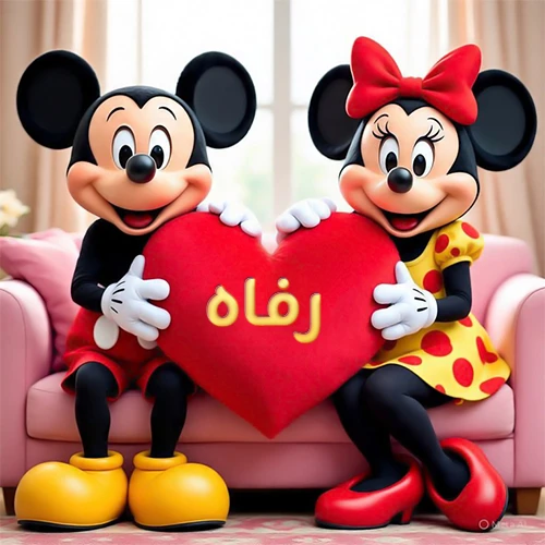 صورة عالية الجودة لميكي ماوس وميني ماوس يجلسان على أريكة وردية، يحملان معاً وسادة على شكل قلب أحمر كبير، عليها اسم رفاه مكتوب بخط ذهبي لامع. تجسد الصورة أجمل صور الحب والصداقة لـ رفاه، وتعتبر خلفية رومانسية ومناسبة للتهنئة.
