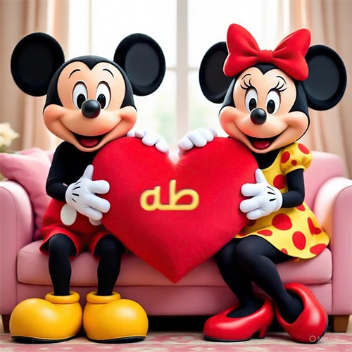 صورة عالية الجودة لميكي ماوس وميني ماوس يجلسان على أريكة وردية، يحملان معاً وسادة على شكل قلب أحمر كبير، عليها اسم طه مكتوب بخط ذهبي لامع. تجسد الصورة أجمل صور الحب والصداقة لـ طه، وتعتبر خلفية رومانسية ومناسبة للتهنئة.