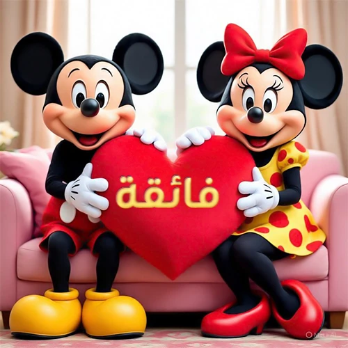 صورة عالية الجودة لميكي ماوس وميني ماوس يجلسان على أريكة وردية، يحملان معاً وسادة على شكل قلب أحمر كبير، عليها اسم فائقة مكتوب بخط ذهبي لامع. تجسد الصورة أجمل صور الحب والصداقة لـ فائقة، وتعتبر خلفية رومانسية ومناسبة للتهنئة.