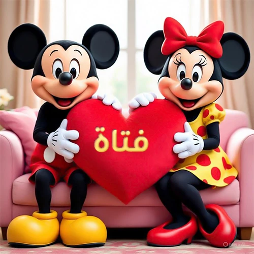 صورة عالية الجودة لميكي ماوس وميني ماوس يجلسان على أريكة وردية، يحملان معاً وسادة على شكل قلب أحمر كبير، عليها اسم فتاة مكتوب بخط ذهبي لامع. تجسد الصورة أجمل صور الحب والصداقة لـ فتاة، وتعتبر خلفية رومانسية ومناسبة للتهنئة.