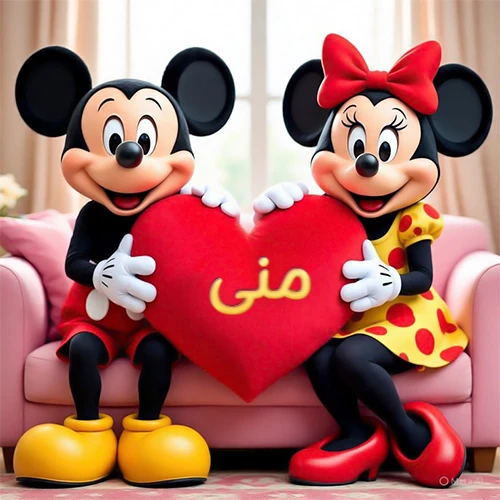 صورة عالية الجودة لميكي ماوس وميني ماوس يجلسان على أريكة وردية، يحملان معاً وسادة على شكل قلب أحمر كبير، عليها اسم منى مكتوب بخط ذهبي لامع. تجسد الصورة أجمل صور الحب والصداقة لـ منى، وتعتبر خلفية رومانسية ومناسبة للتهنئة.