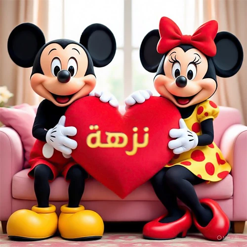 صورة عالية الجودة لميكي ماوس وميني ماوس يجلسان على أريكة وردية، يحملان معاً وسادة على شكل قلب أحمر كبير، عليها اسم نزهة مكتوب بخط ذهبي لامع. تجسد الصورة أجمل صور الحب والصداقة لـ نزهة، وتعتبر خلفية رومانسية ومناسبة للتهنئة.