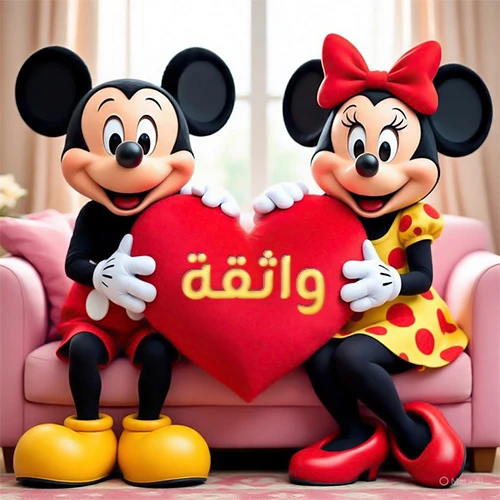 صورة عالية الجودة لميكي ماوس وميني ماوس يجلسان على أريكة وردية، يحملان معاً وسادة على شكل قلب أحمر كبير، عليها اسم واثقة مكتوب بخط ذهبي لامع. تجسد الصورة أجمل صور الحب والصداقة لـ واثقة، وتعتبر خلفية رومانسية ومناسبة للتهنئة.