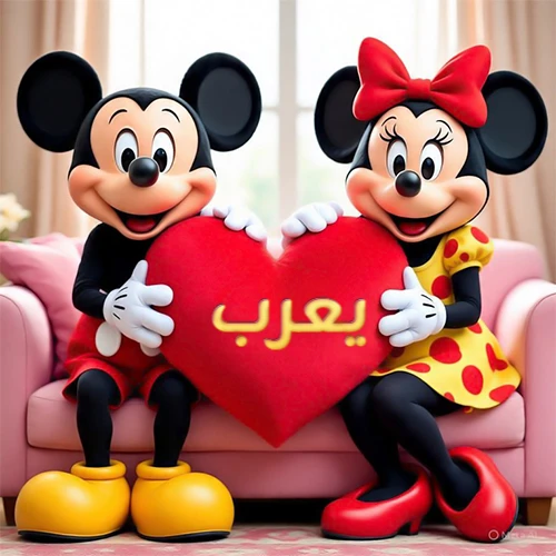 صورة عالية الجودة لميكي ماوس وميني ماوس يجلسان على أريكة وردية، يحملان معاً وسادة على شكل قلب أحمر كبير، عليها اسم يعرب مكتوب بخط ذهبي لامع. تجسد الصورة أجمل صور الحب والصداقة لـ يعرب، وتعتبر خلفية رومانسية ومناسبة للتهنئة.