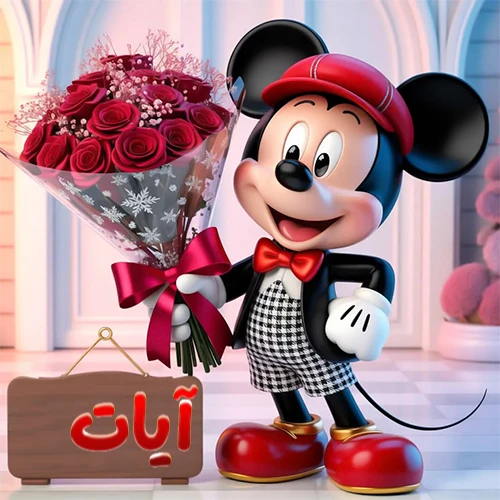 صورة مبهجة لميكي ماوس الكرتوني يرتدي قبعة حمراء ويحمل باقة كبيرة من ورود حمراء أنيقة، مع لوحة خشبية معلقة في أسفل يسار الصورة تحمل اسم آيات. مثالية كـ صور تهنئة أو خلفيات ميكي ماوس للاحتفالات والمناسبات السعيدة، تعكس الفرح والحب.
