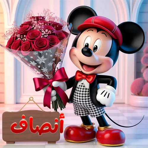 صورة مبهجة لميكي ماوس الكرتوني يرتدي قبعة حمراء ويحمل باقة كبيرة من ورود حمراء أنيقة، مع لوحة خشبية معلقة في أسفل يسار الصورة تحمل اسم أنصاف. مثالية كـ صور تهنئة أو خلفيات ميكي ماوس للاحتفالات والمناسبات السعيدة، تعكس الفرح والحب.