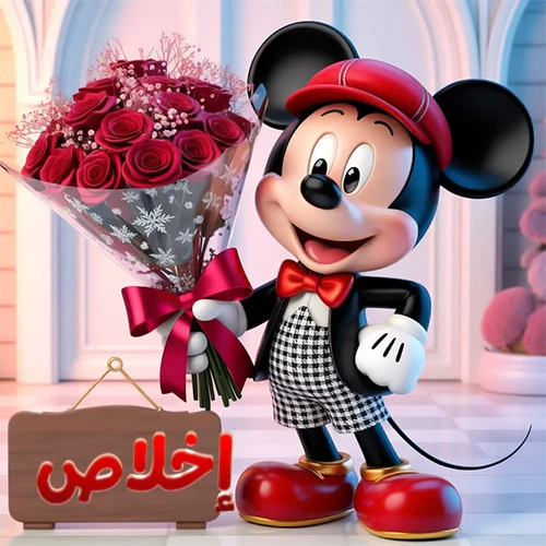 صورة مبهجة لميكي ماوس الكرتوني يرتدي قبعة حمراء ويحمل باقة كبيرة من ورود حمراء أنيقة، مع لوحة خشبية معلقة في أسفل يسار الصورة تحمل اسم إخلاص. مثالية كـ صور تهنئة أو خلفيات ميكي ماوس للاحتفالات والمناسبات السعيدة، تعكس الفرح والحب.