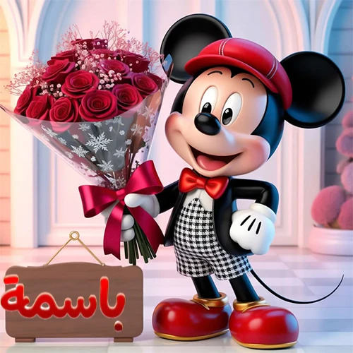 صورة مبهجة لميكي ماوس الكرتوني يرتدي قبعة حمراء ويحمل باقة كبيرة من ورود حمراء أنيقة، مع لوحة خشبية معلقة في أسفل يسار الصورة تحمل اسم باسمة. مثالية كـ صور تهنئة أو خلفيات ميكي ماوس للاحتفالات والمناسبات السعيدة، تعكس الفرح والحب.