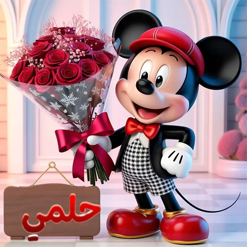 صورة مبهجة لميكي ماوس الكرتوني يرتدي قبعة حمراء ويحمل باقة كبيرة من ورود حمراء أنيقة، مع لوحة خشبية معلقة في أسفل يسار الصورة تحمل اسم حلمي. مثالية كـ صور تهنئة أو خلفيات ميكي ماوس للاحتفالات والمناسبات السعيدة، تعكس الفرح والحب.