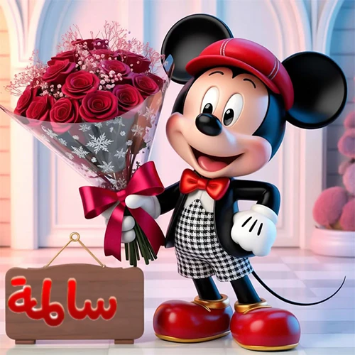 صورة مبهجة لميكي ماوس الكرتوني يرتدي قبعة حمراء ويحمل باقة كبيرة من ورود حمراء أنيقة، مع لوحة خشبية معلقة في أسفل يسار الصورة تحمل اسم سالمة. مثالية كـ صور تهنئة أو خلفيات ميكي ماوس للاحتفالات والمناسبات السعيدة، تعكس الفرح والحب.