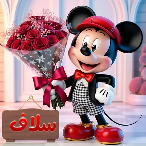 صورة مبهجة لميكي ماوس الكرتوني يرتدي قبعة حمراء ويحمل باقة كبيرة من ورود حمراء أنيقة، مع لوحة خشبية معلقة في أسفل يسار الصورة تحمل اسم سلاف. مثالية كـ صور تهنئة أو خلفيات ميكي ماوس للاحتفالات والمناسبات السعيدة، تعكس الفرح والحب.