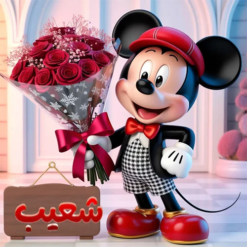 صورة مبهجة لميكي ماوس الكرتوني يرتدي قبعة حمراء ويحمل باقة كبيرة من ورود حمراء أنيقة، مع لوحة خشبية معلقة في أسفل يسار الصورة تحمل اسم شعيب. مثالية كـ صور تهنئة أو خلفيات ميكي ماوس للاحتفالات والمناسبات السعيدة، تعكس الفرح والحب.