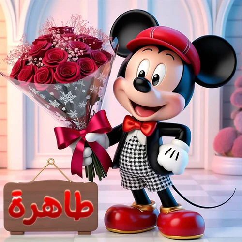 صورة مبهجة لميكي ماوس الكرتوني يرتدي قبعة حمراء ويحمل باقة كبيرة من ورود حمراء أنيقة، مع لوحة خشبية معلقة في أسفل يسار الصورة تحمل اسم طاهرة. مثالية كـ صور تهنئة أو خلفيات ميكي ماوس للاحتفالات والمناسبات السعيدة، تعكس الفرح والحب.