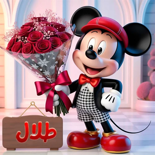 صورة مبهجة لميكي ماوس الكرتوني يرتدي قبعة حمراء ويحمل باقة كبيرة من ورود حمراء أنيقة، مع لوحة خشبية معلقة في أسفل يسار الصورة تحمل اسم طلال. مثالية كـ صور تهنئة أو خلفيات ميكي ماوس للاحتفالات والمناسبات السعيدة، تعكس الفرح والحب.