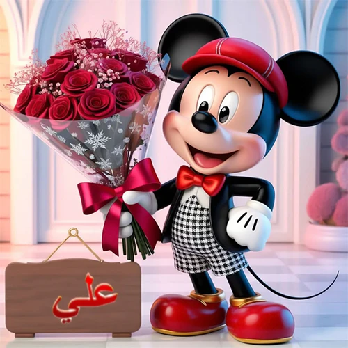 صورة مبهجة لميكي ماوس الكرتوني يرتدي قبعة حمراء ويحمل باقة كبيرة من ورود حمراء أنيقة، مع لوحة خشبية معلقة في أسفل يسار الصورة تحمل اسم علي. مثالية كـ صور تهنئة أو خلفيات ميكي ماوس للاحتفالات والمناسبات السعيدة، تعكس الفرح والحب.
