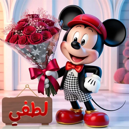 صورة مبهجة لميكي ماوس الكرتوني يرتدي قبعة حمراء ويحمل باقة كبيرة من ورود حمراء أنيقة، مع لوحة خشبية معلقة في أسفل يسار الصورة تحمل اسم لطفي. مثالية كـ صور تهنئة أو خلفيات ميكي ماوس للاحتفالات والمناسبات السعيدة، تعكس الفرح والحب.