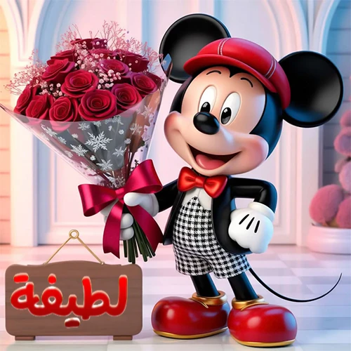 صورة مبهجة لميكي ماوس الكرتوني يرتدي قبعة حمراء ويحمل باقة كبيرة من ورود حمراء أنيقة، مع لوحة خشبية معلقة في أسفل يسار الصورة تحمل اسم لطيفة. مثالية كـ صور تهنئة أو خلفيات ميكي ماوس للاحتفالات والمناسبات السعيدة، تعكس الفرح والحب.