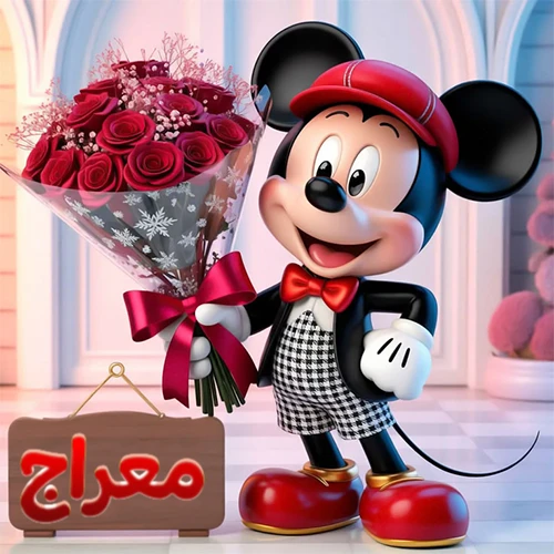 صورة مبهجة لميكي ماوس الكرتوني يرتدي قبعة حمراء ويحمل باقة كبيرة من ورود حمراء أنيقة، مع لوحة خشبية معلقة في أسفل يسار الصورة تحمل اسم معراج. مثالية كـ صور تهنئة أو خلفيات ميكي ماوس للاحتفالات والمناسبات السعيدة، تعكس الفرح والحب.