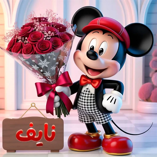 صورة مبهجة لميكي ماوس الكرتوني يرتدي قبعة حمراء ويحمل باقة كبيرة من ورود حمراء أنيقة، مع لوحة خشبية معلقة في أسفل يسار الصورة تحمل اسم نايف. مثالية كـ صور تهنئة أو خلفيات ميكي ماوس للاحتفالات والمناسبات السعيدة، تعكس الفرح والحب.