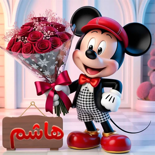 صورة مبهجة لميكي ماوس الكرتوني يرتدي قبعة حمراء ويحمل باقة كبيرة من ورود حمراء أنيقة، مع لوحة خشبية معلقة في أسفل يسار الصورة تحمل اسم هاشم. مثالية كـ صور تهنئة أو خلفيات ميكي ماوس للاحتفالات والمناسبات السعيدة، تعكس الفرح والحب.