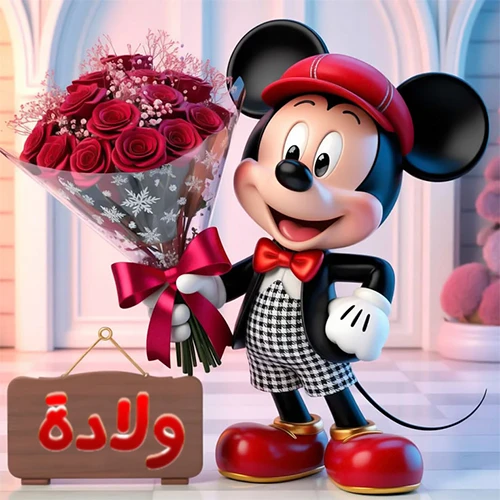 صورة مبهجة لميكي ماوس الكرتوني يرتدي قبعة حمراء ويحمل باقة كبيرة من ورود حمراء أنيقة، مع لوحة خشبية معلقة في أسفل يسار الصورة تحمل اسم ولادة. مثالية كـ صور تهنئة أو خلفيات ميكي ماوس للاحتفالات والمناسبات السعيدة، تعكس الفرح والحب.