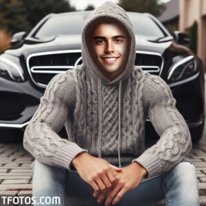 تركيب صورة الوجه للرجال على صورة رجل يجلس امام سيارة